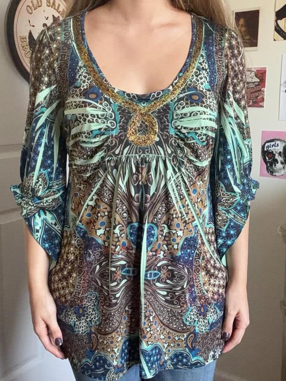 ONE WORLD Boho Scoop Neck Tunic in Teal, Brown & Gold